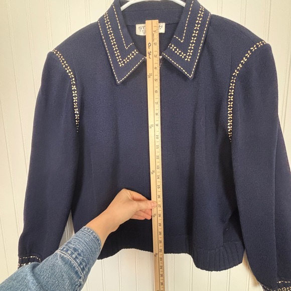 Vintage St. John Collection Knit Jacket Women 16 Navy Blue Gold Studded Zip Up - Picture 11 of 15